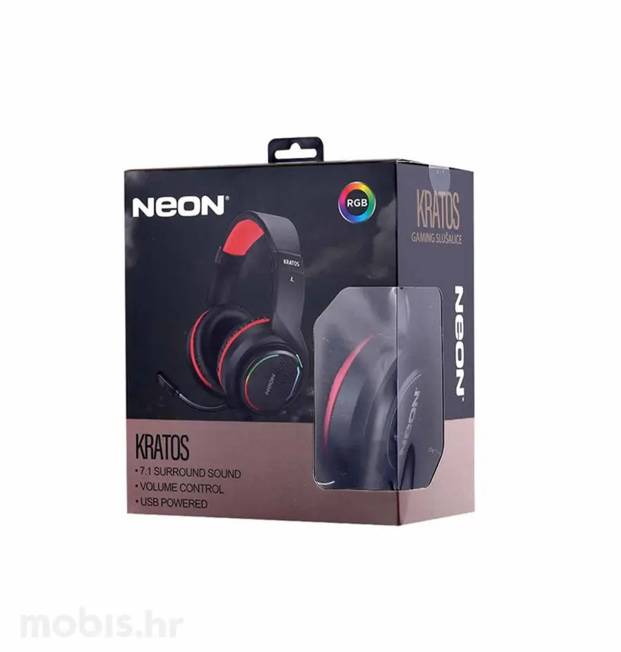 NEON SLUŠALICE + MIKROFON KRATOS,7,1, LED RGB, USB CRNO - CRVENE-2