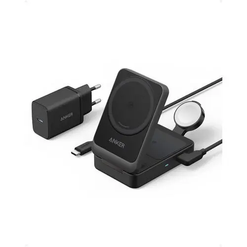 ANKER MAGGO MAGNETIC WIRELESS CHARGER 15W, FOLDABLE 3-IN-1 WITH CHARGER BUNDLE, EU PLUG: CRNA-PUNJAČ-0