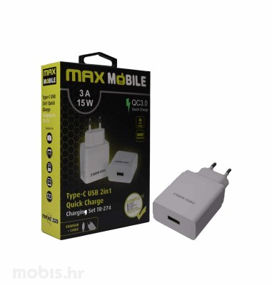 Max Mobile kućni punjač set 2u1 QC 3.0 Quick Charge USB + tip C, 3A,15W: bijeli