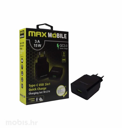 MaxMobile kućni punjač set 2u1 QC 3.0 Quick Charge USB + tip C, 3A,15W: crni