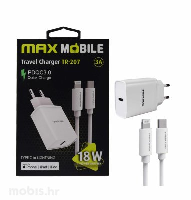 MaxMobile kućni punjač PD 18W QC 3.0 set 2u1 Tip C+ Kabel, MFI APPLE TR207: bijeli